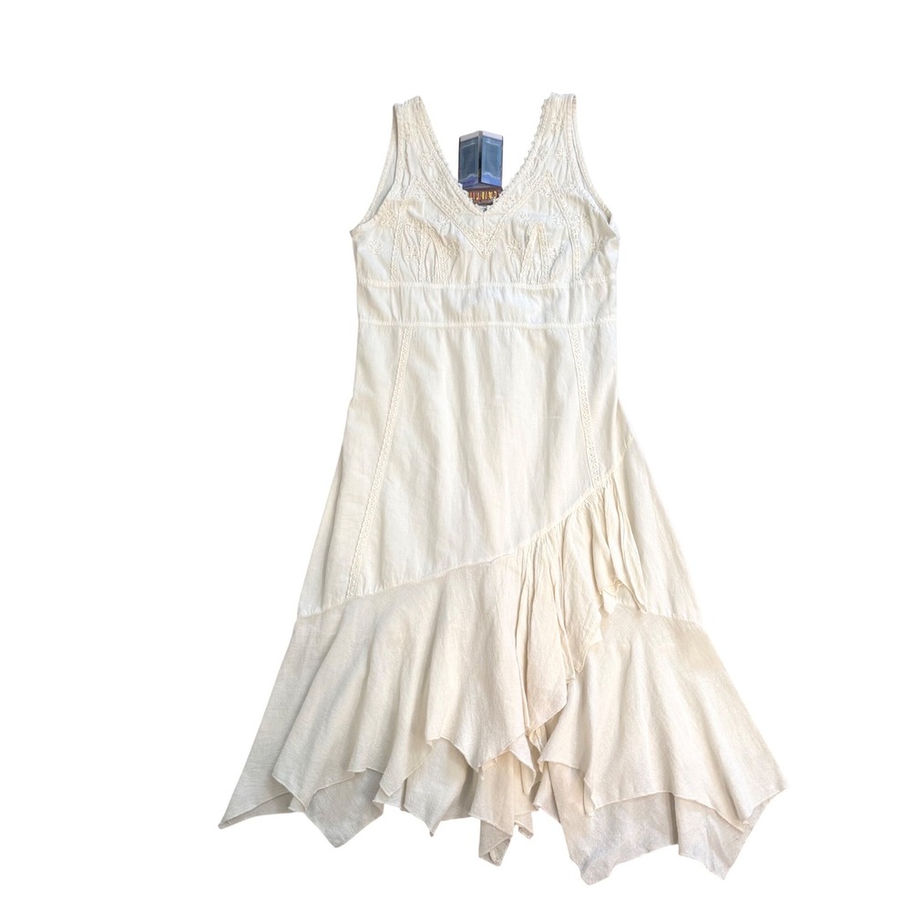 Scully Cantina Collection Boho Cream Embroidered Handkerchief Hem Dress M